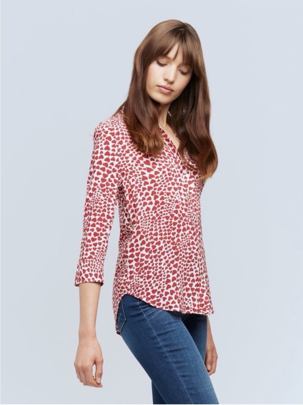 L'AGENCE Red and White Heart-Print V-Neck Blouse